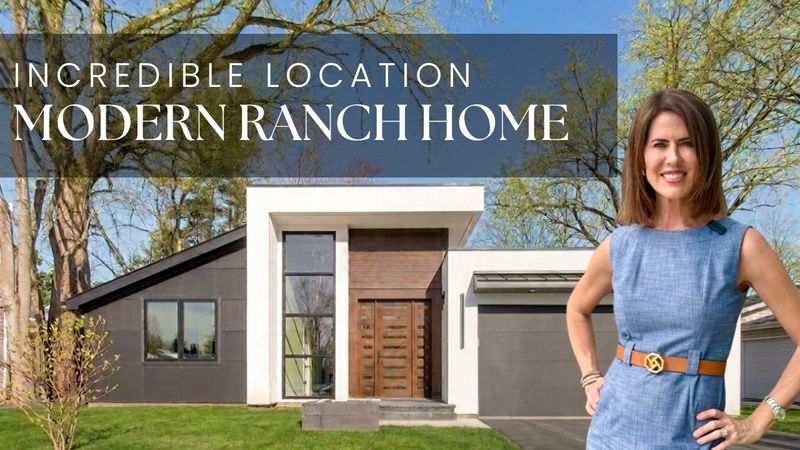 Modern ranch home at 2238 Prairie Street Glenview with mahogany front door and architectural landscaping, backing Roosevelt Park